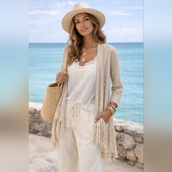 Calypso St. Barth Sweaters - Calypso St Barth 100% Linen Fringe Open Cardigan Natural Boho Lightweight XS